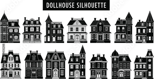 Dollhouse silhouettes collection, miniature Victorian houses, detailed toy buildings, vintage home architecture icons, black and white vector illustration set