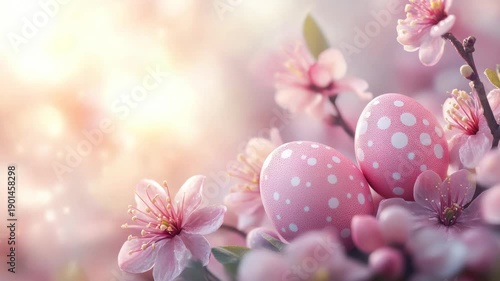 Spring celebration with pink eggs and cherry blossoms in a garden