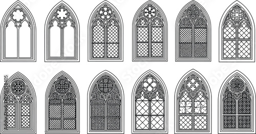 Gothic window silhouettes collection, stained glass church arches, medieval architectural elements, decorative cathedral frames, black and white vector illustration set