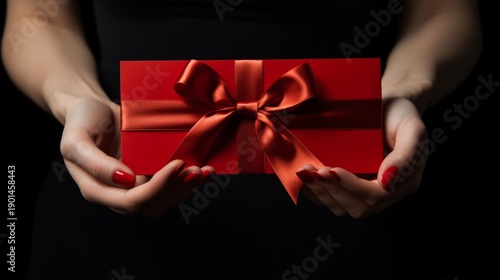 Woman hands holding red elegant gift box