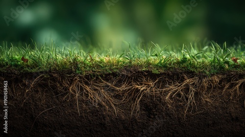 Cross section of healthy soil with green grass and visible root systems