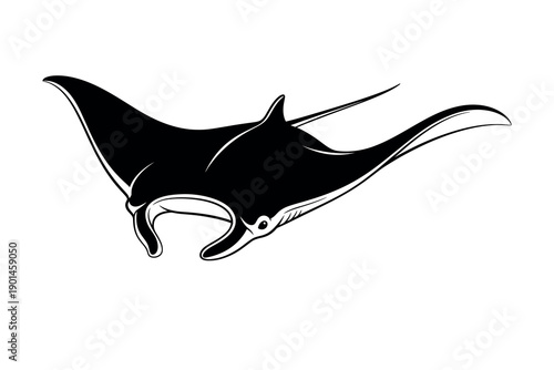 Black manta ray swimming in a dynamic illustration style