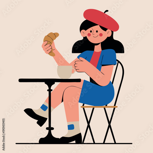 Cheerful cartoon girl in a stylish beret happily enjoying a croissant and a cup of coffee, perfect for café culture, parisian themes, or breakfast