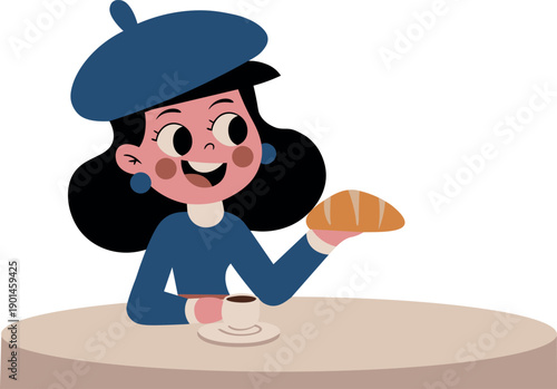 Joyful girl with a beret, smiling as she holds a croissant and a coffee cup. Ideal for bakery or coffee shop branding