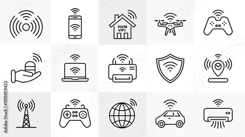 Collection of wifi and wireless technology icons for smart devices and network connectivity