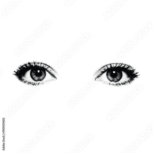 Two stylized eyes with black dots effect on white background beauty fashion portrait detail close up makeup