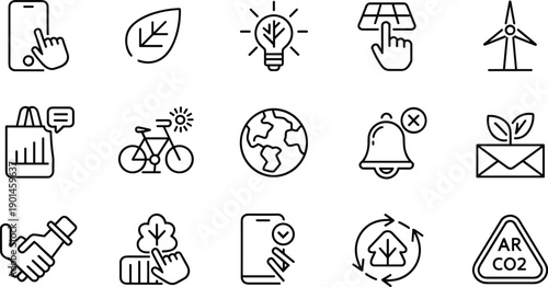Sustainable technology and environment conservation thin line icon set with ecology energy and green lifestyle theme