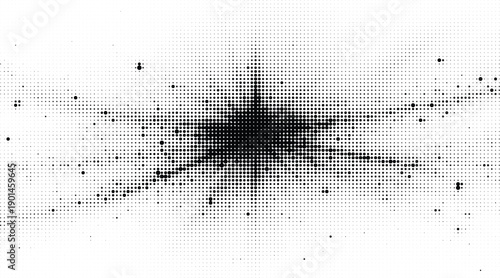 Black ink splash with halftone dots effect radiating outwards on transparent background