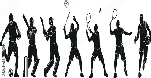 Silhouette of seven men playing different sports with rackets and ball