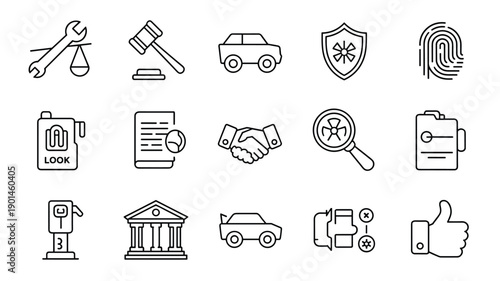 Automotive law and legal services thin line icon set collection of car maintenance and justice related symbols flat