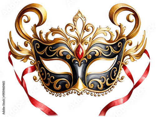 A luxurious black and gold mask adorned with a vibrant red ribbon, great for masquerade balls or mysterious characters