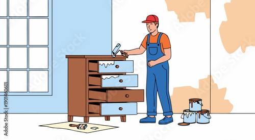 DIY furniture restoration vector illustration of a man painting a dresser, home improvement concept