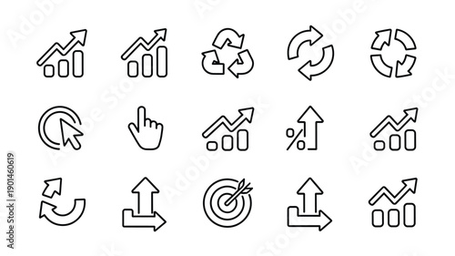 Business growth and progress line icons containing financial charts arrows and success symbols for marketing projects