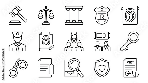Law and justice linear icon collection featuring legal symbols court equipment police badges and security documents