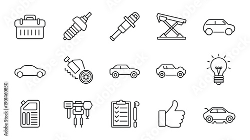 Automotive service line icons set featuring car repair tools maintenance equipment and mechanical workshop symbols