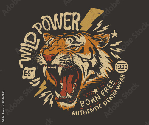Born free. Wild and free artwork. Rock and roll t shirt design. Tiger face design. Animal rock and roll artwork for fashion and others.	