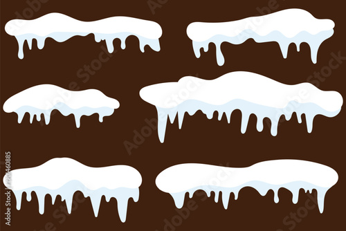 Collection of cartoon snow caps and icicles in a simple, flat design. Set of various frozen snow and ice elements, perfect for decorating roofs, text, or frames for a winter theme. Snow caps, clouds. 
