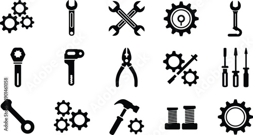 Mechanical workshop repair tools icons set with black silhouettes of wrenches pliers gears and maintenance hardware