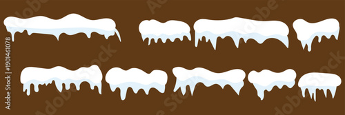 Winter weather, snowy piles with frozen icy design. Vector realistic icons set, snow caps and balls, xmas and Christmas peak or summit decoration, wintertime and seasonal blizzard. Snowcaps and clouds