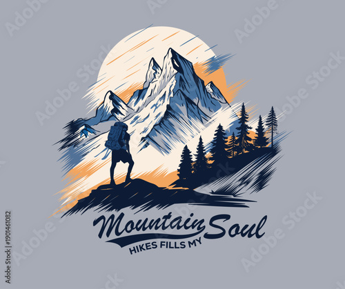 Mountain hiking artwork. Summer adventure. Mountain Outdoors t shirt vector design. Mountain artwork for apparel, sticker, batch, background, poster and others.