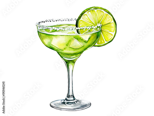 A simple illustration of a margarita cocktail with a slice of lime