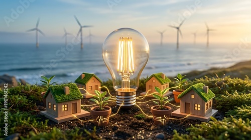 Eco-friendly energy concept with glowing lightbulb and wind turbines.