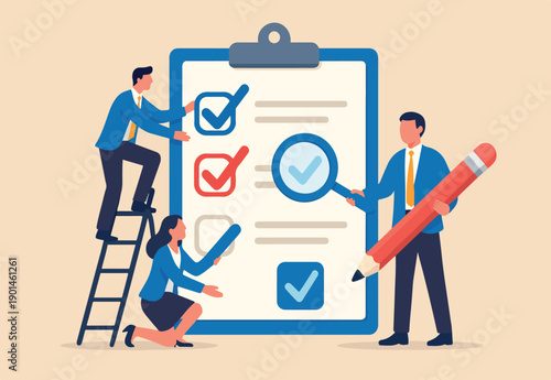 Finishing todo list, work checklist or accomplishment, project management, teamwork to get work done, complete plan concept, businessman coworkers help put checkmark on checkbox task list clipboard