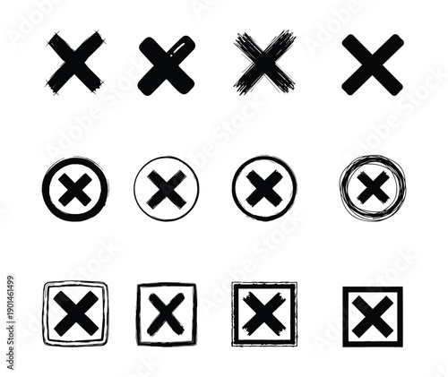 Hand drawn cross and x mark doodle icons set with rejection and cancel symbols sketch style vector illustration