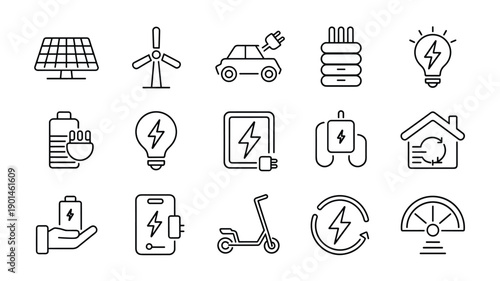 Renewable energy source icons for sustainable future including wind power solar electricity and electric transport