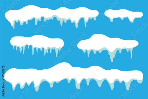 Collection of cartoon snow caps and icicles in a simple, flat design. Set of various frozen snow and ice elements, perfect for decorating roofs, text, or frames for a winter theme. Snow caps, clouds. 