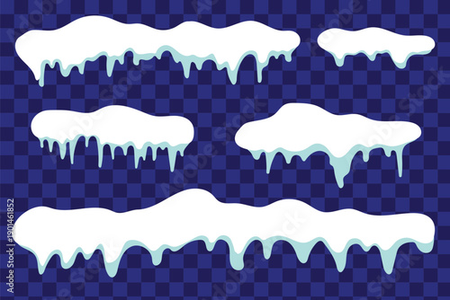 Cartoon snowdrift shapes for winter design elements and game assets. A set of snow caps, snowballs, and snowdrifts. Vector collection of snow caps. Snow elements. 