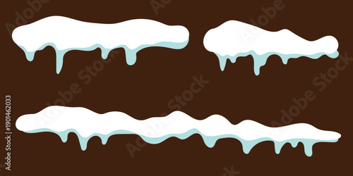Snow and icicle illustration set, stylized winter elements, cartoon frozen shapes, white blue seasonal graphics, holiday decoration pack. Set of various frozen snow and ice elements. 