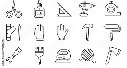 Handmade tools line icons set for carpentry and home renovation projects including hammer saw drill and painting gear