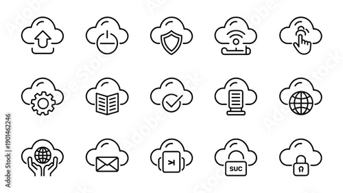 Cloud computing line icons for network storage and data hosting services including security upload download and sync