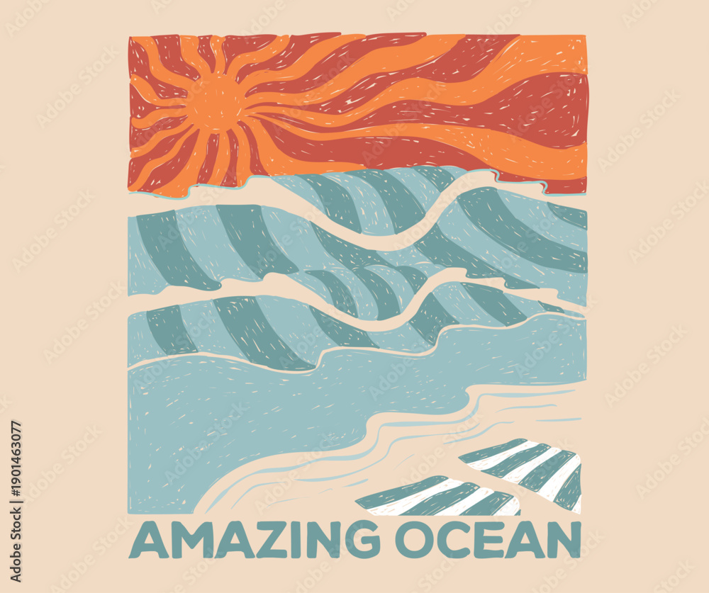 Naklejka premium Meet me at the beach. Catch the wave. Surfing club artwork. Amazing ocean vector graphic design for apparel, stickers, posters, background and others.