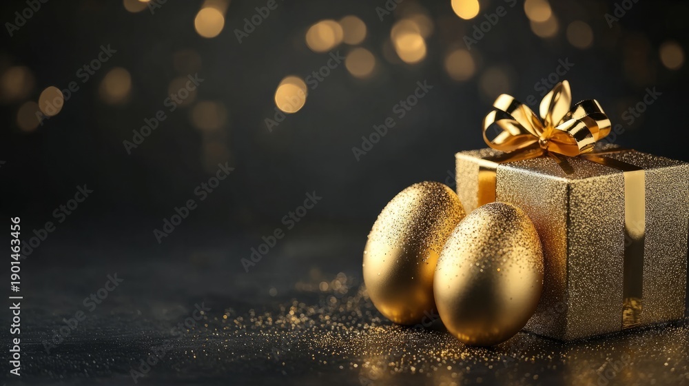 Fototapeta premium Golden eggs and gift box celebrating easter holiday