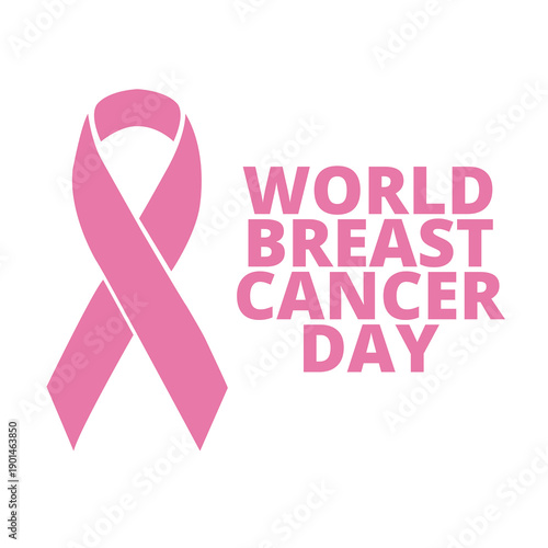 World breast cancer cancer day banner with two hands holding a pink ribbon isolated on a white background