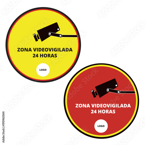 Red and yellow zona videovigilada 24 horas sign isolated on a white background (trad. 24 hours surveillance zone)d