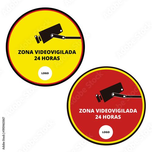 Red and yellow zona videovigilada 24 horas sign isolated on a white background (trad. 24 hours surveillance zone)d