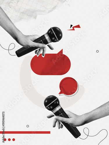 Trendy Halftone Collage Podcast with Two Microphones and Speech bubble messages. Hands holding mic. Discussion at interview. Talking in show. Social media opinion. Contemporary vector illustration art