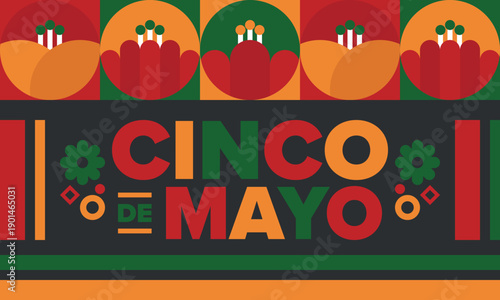 Cinco de Mayo in Mexico. Traditional mexican fiesta in May. National happy holiday with carnival, festival and parade. Latin american and spanish pattern. Illustration with sombrero. Vector poster