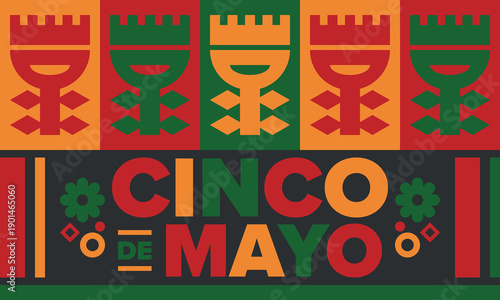 Cinco de Mayo in Mexico. Traditional mexican fiesta in May. National happy holiday with carnival, festival and parade. Latin american and spanish pattern. Illustration with sombrero. Vector poster
