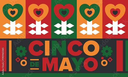 Cinco de Mayo in Mexico. Traditional mexican fiesta in May. National happy holiday with carnival, festival and parade. Latin american and spanish pattern. Illustration with sombrero. Vector poster