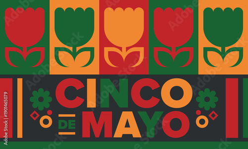 Cinco de Mayo in Mexico. Traditional mexican fiesta in May. National happy holiday with carnival, festival and parade. Latin american and spanish pattern. Illustration with sombrero. Vector poster