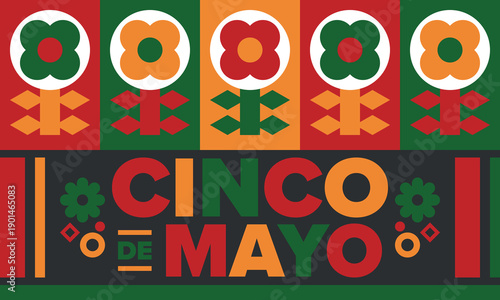 Cinco de Mayo in Mexico. Traditional mexican fiesta in May. National happy holiday with carnival, festival and parade. Latin american and spanish pattern. Illustration with sombrero. Vector poster