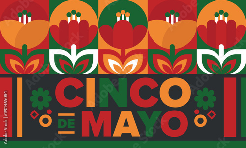 Cinco de Mayo in Mexico. Traditional mexican fiesta in May. National happy holiday with carnival, festival and parade. Latin american and spanish pattern. Illustration with sombrero. Vector poster