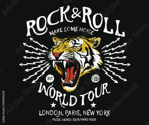 Make some noise. Music world tour in london, paris and new york. Rock and roll t shirt design. Tiger face design. Animal rock and roll artwork for fashion and others. Wild and free artwork.
