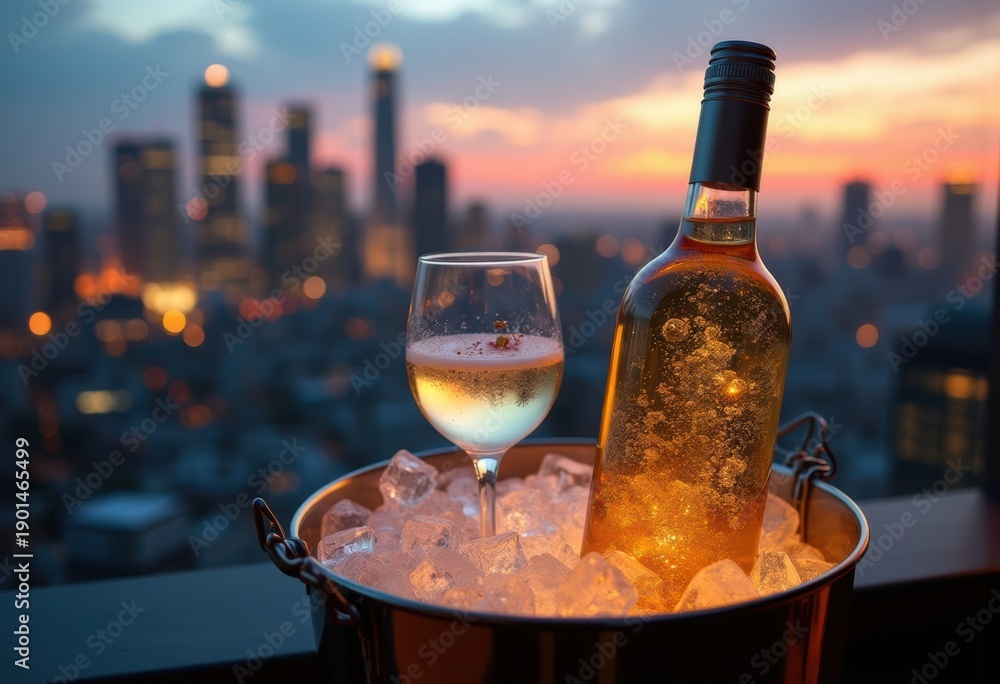 Fototapeta premium Chilled White Wine Ice Bucket Rooftop Terrace Cityscape Luxury Lifestyle Evening Relaxation