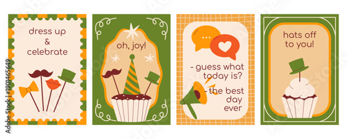 Festive greeting cards collection with photo booth props, party hat, cupcake, megaphone. Modern retro flat vector minimalist illustration set for birthday party, event, celebration or trendy poster