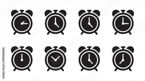Black alarm clock and time reminder icons set in flat vector style